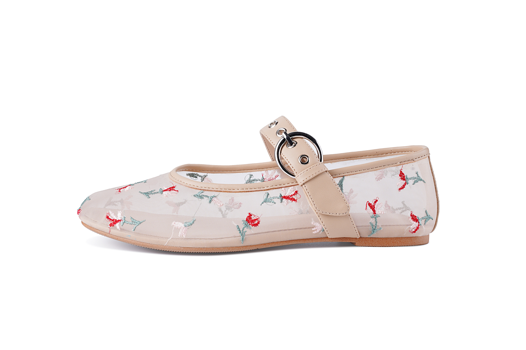 Mesh Ballet Flats for Women Embroidered Floral Round Toe Mary Jane Flats