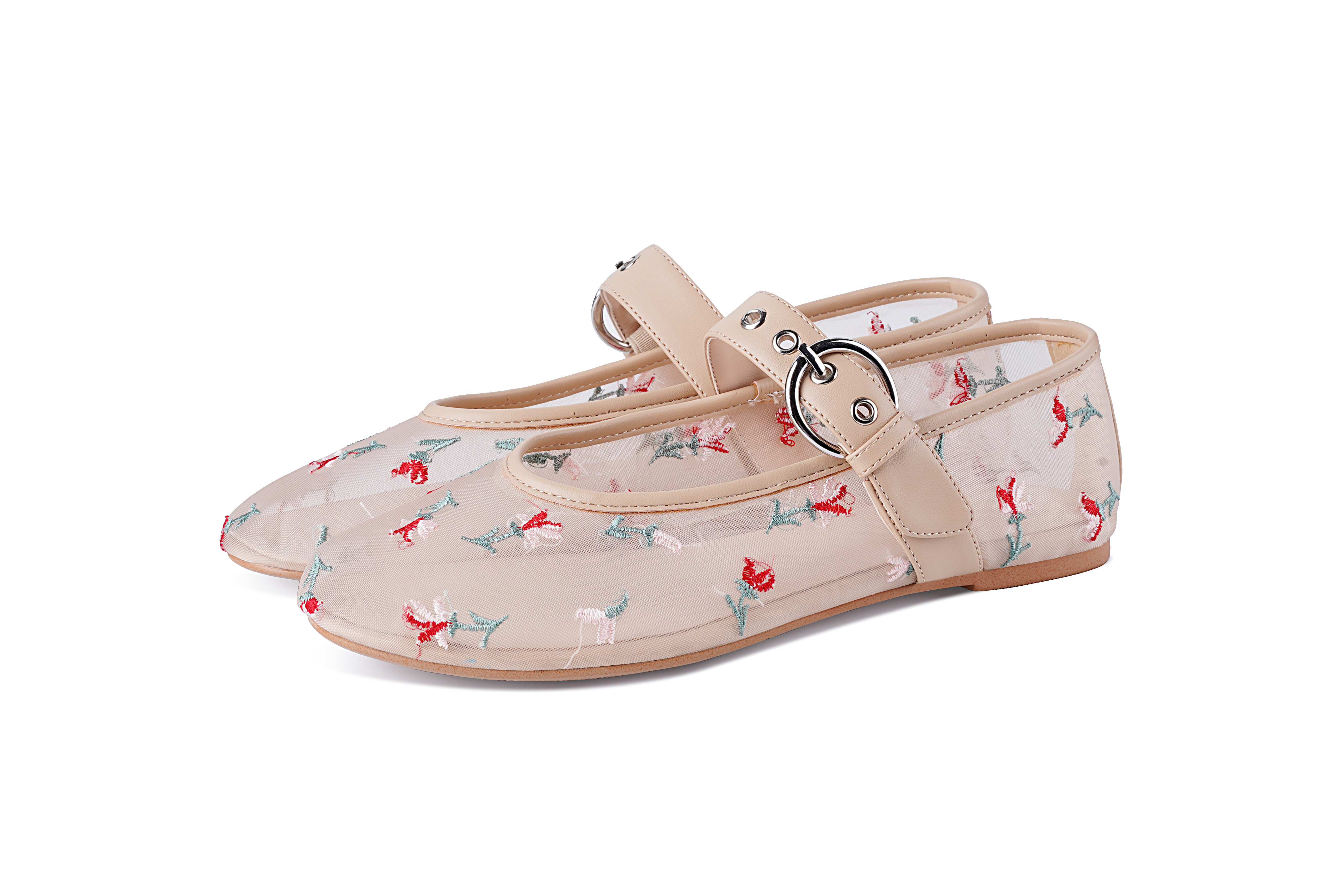 Mesh Ballet Flats for Women Embroidered Floral Round Toe Mary Jane Flats