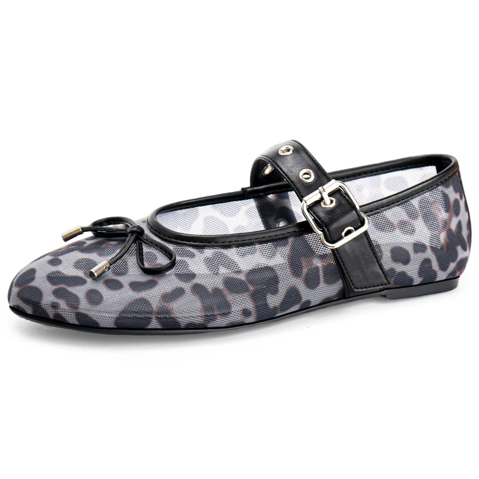 Women's Bow Leopard Ballet Flats - Mesh Mary Janes