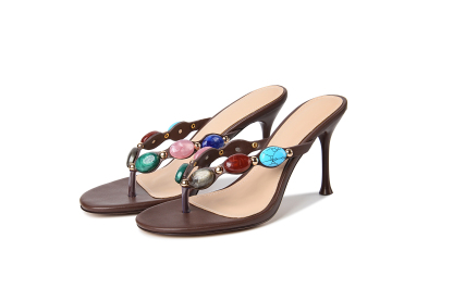 Women's Jeweled Stiletto Heels Summer Beach Sandals Round Toe Flip Flop 