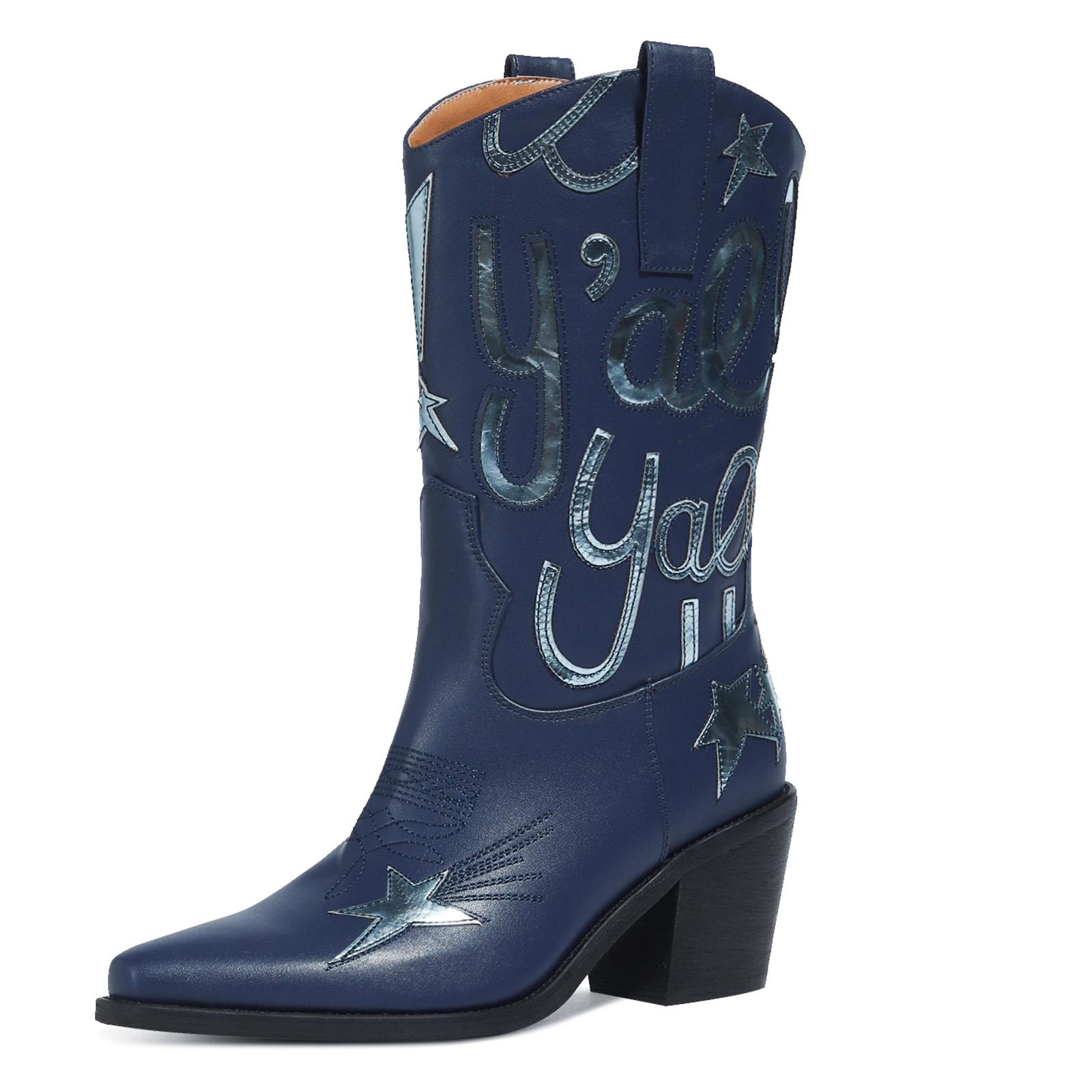 Women's Metallic Cowboy Boots Fashion Embroidery Pointed Toe Pull On Western Boots