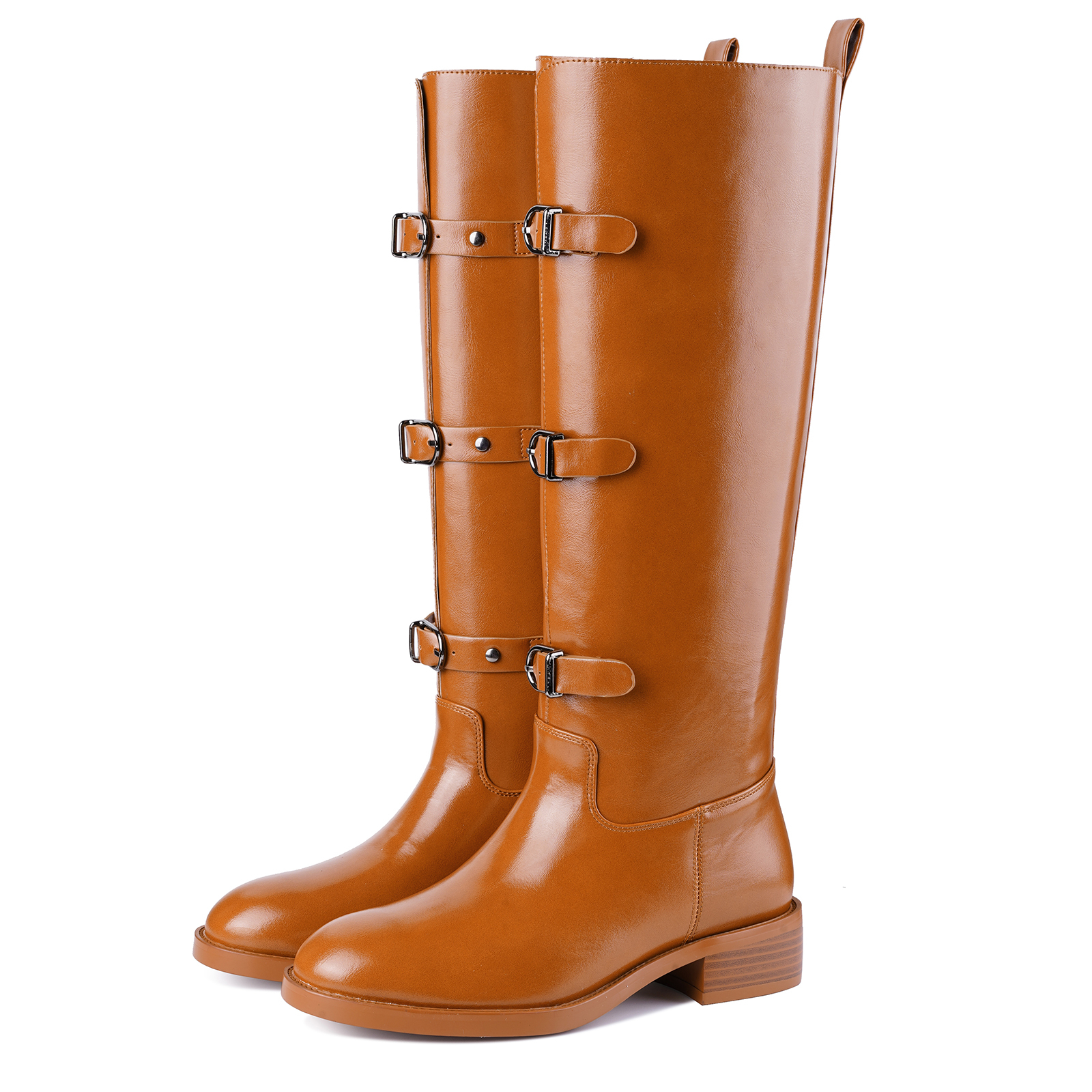 Women's Chunky Heel Knee High Boots with Buckle Strap