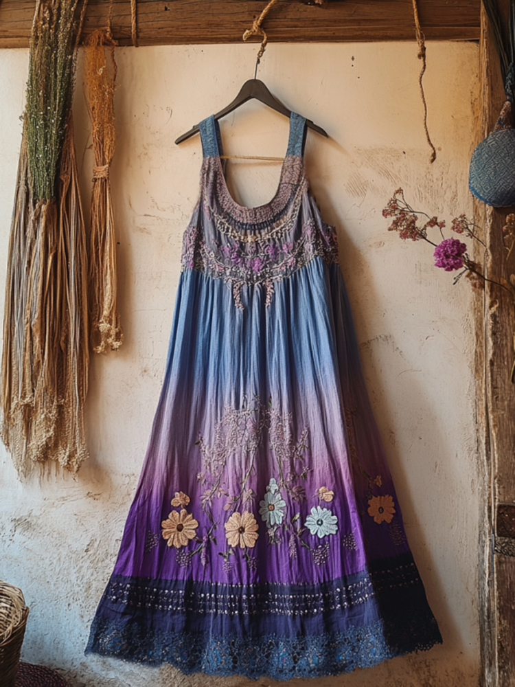 Boho Gradient Floral Embroidered Pattern Lace Patchwork Art Linen Dress