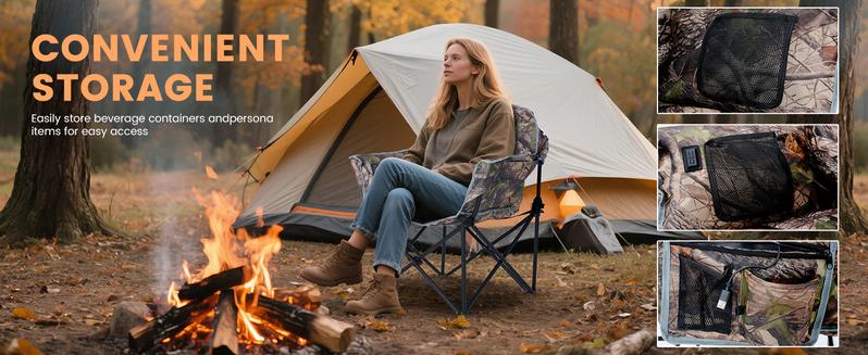 【TikTokShopBlackFriday 】MOPHOTO Heated Camping Chair, Outdoor Sports Oversized Heated Folding Chairs with 3 Heat Levels 【Batteries not included】 Patio Lawn Lounge Chair Supports 500 lbs