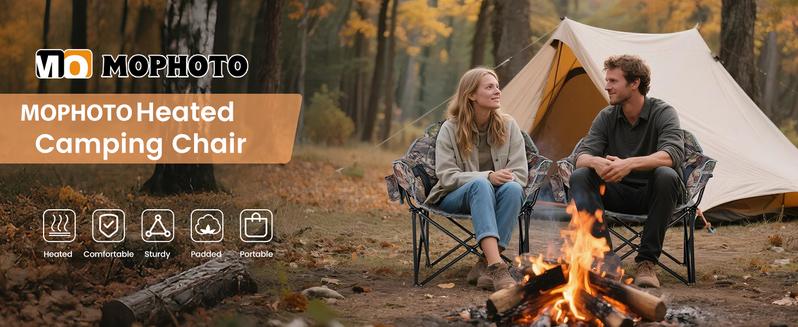 【TikTokShopBlackFriday 】MOPHOTO Heated Camping Chair, Outdoor Sports Oversized Heated Folding Chairs with 3 Heat Levels 【Batteries not included】 Patio Lawn Lounge Chair Supports 500 lbs