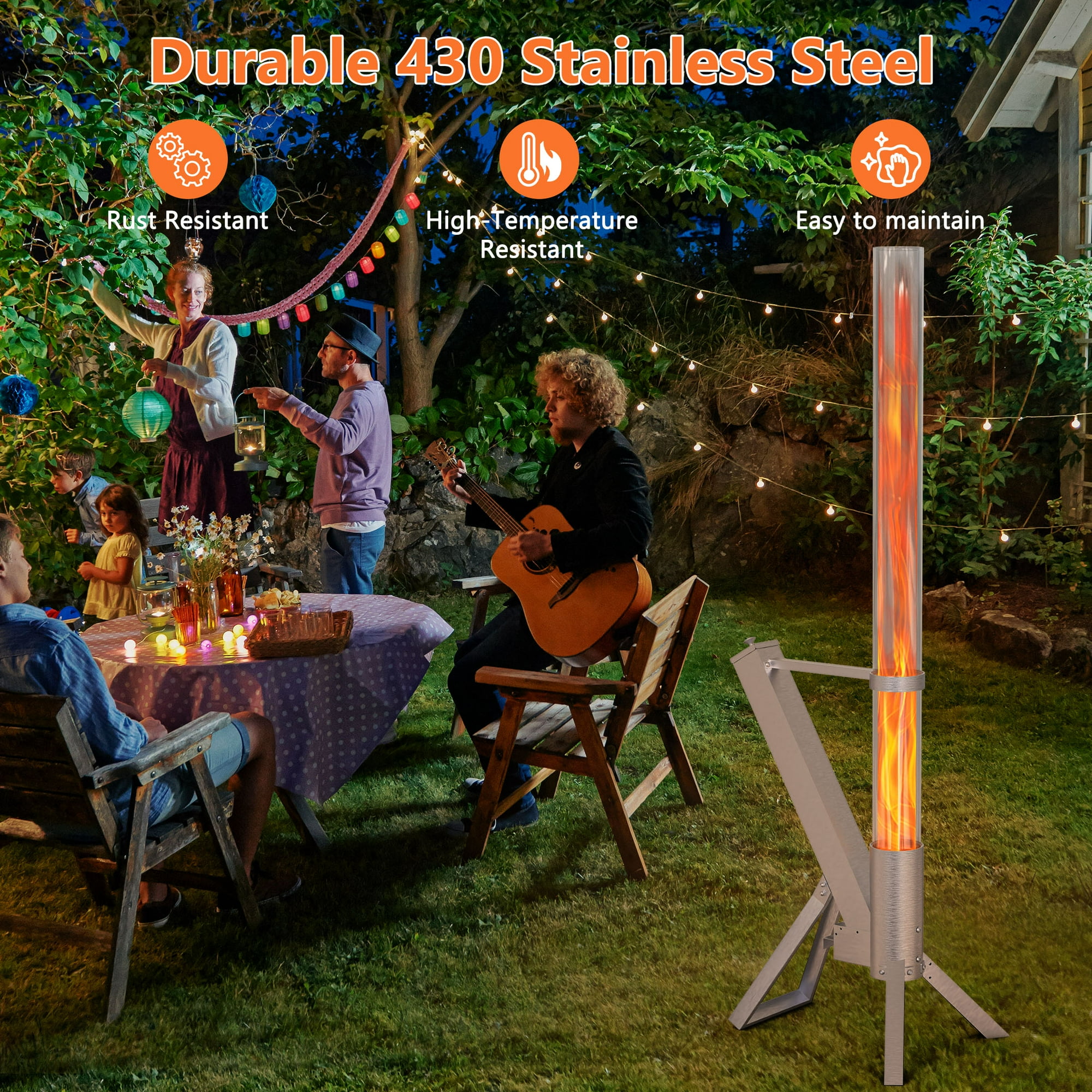 Enyopro 2 Piece Outdoor Smokeless Pellet Heater, Portable 430 Stainless Steel Glass Tube, Patio Pellet Torch with Tripod, Upgraded Ashtray, Eco-Friendly Wood Heater for Backyard, Patio, Camping
