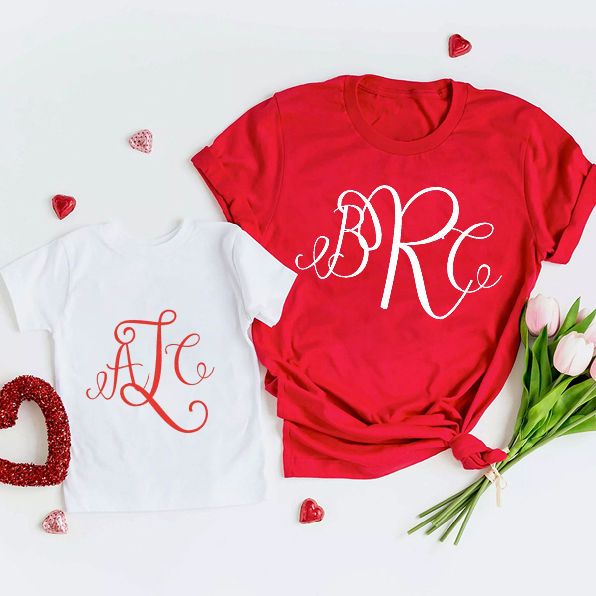 Fancy Cursive Monogram Matching Valentine's Shirts