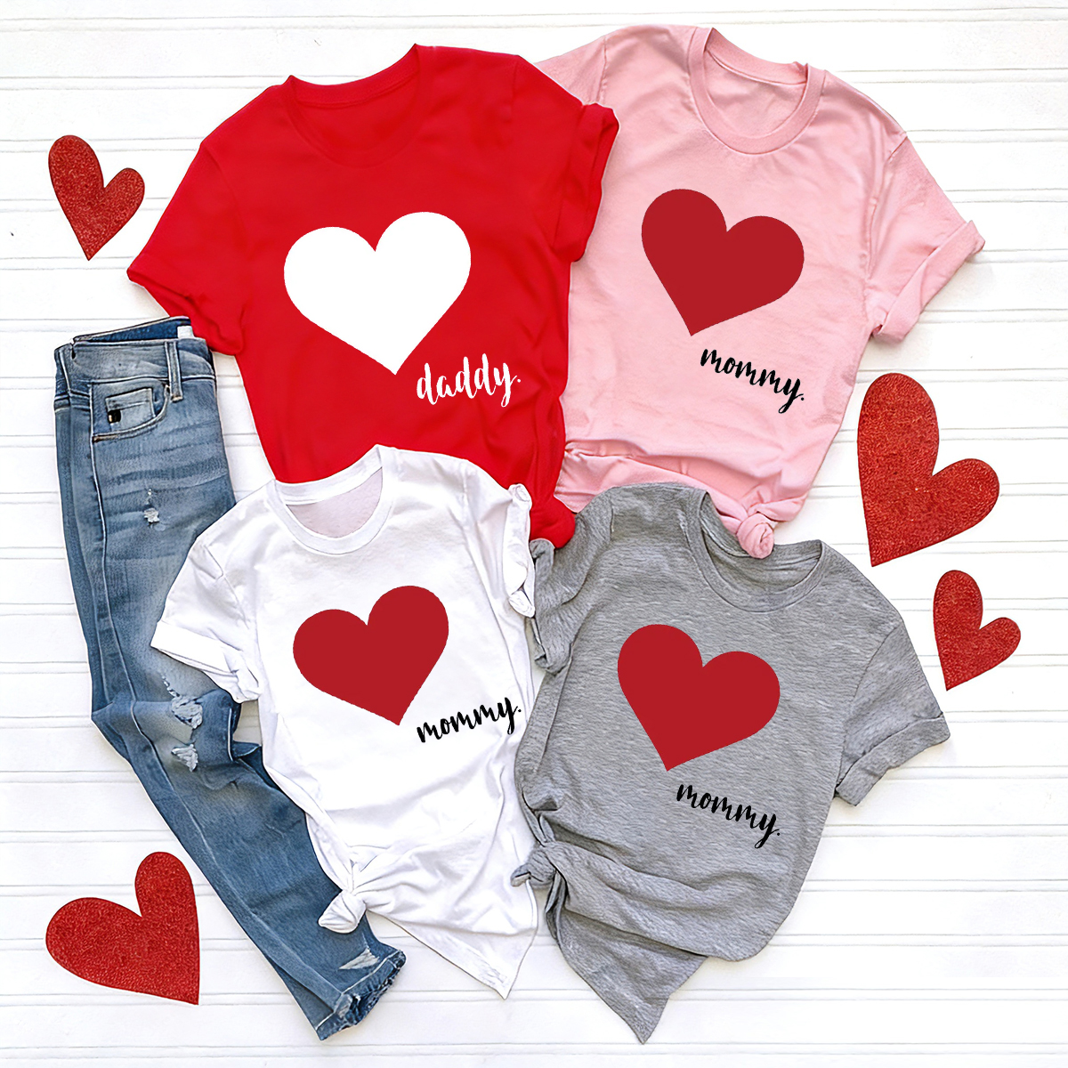 Dad Mama And Me Red Hearts Matching Valentine's Shirts