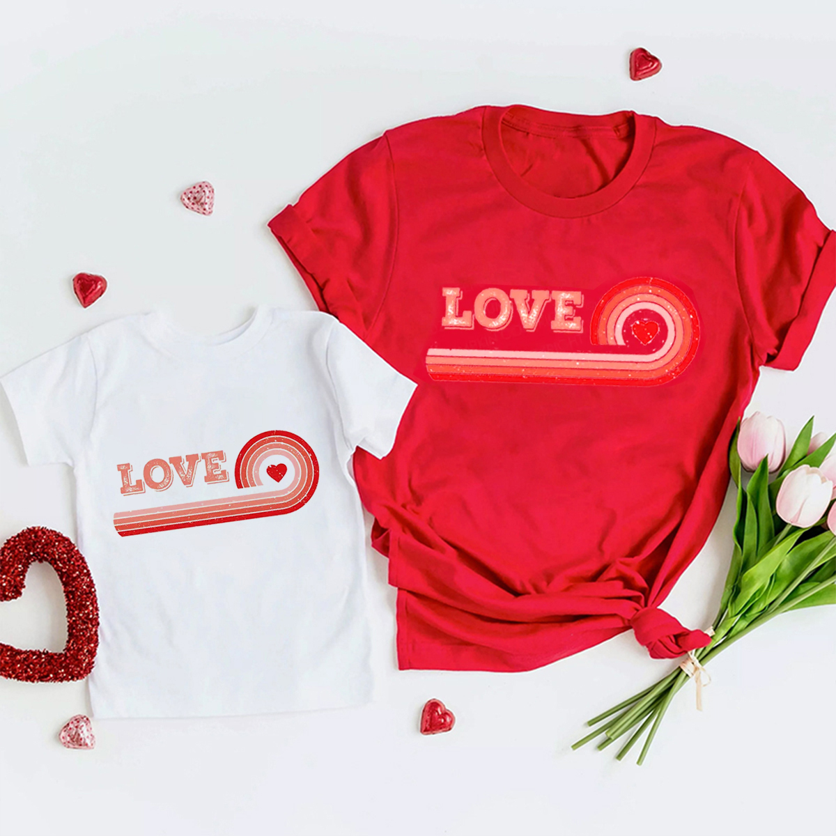 Retro Rainbow Heart Matching Valentine's Shirts