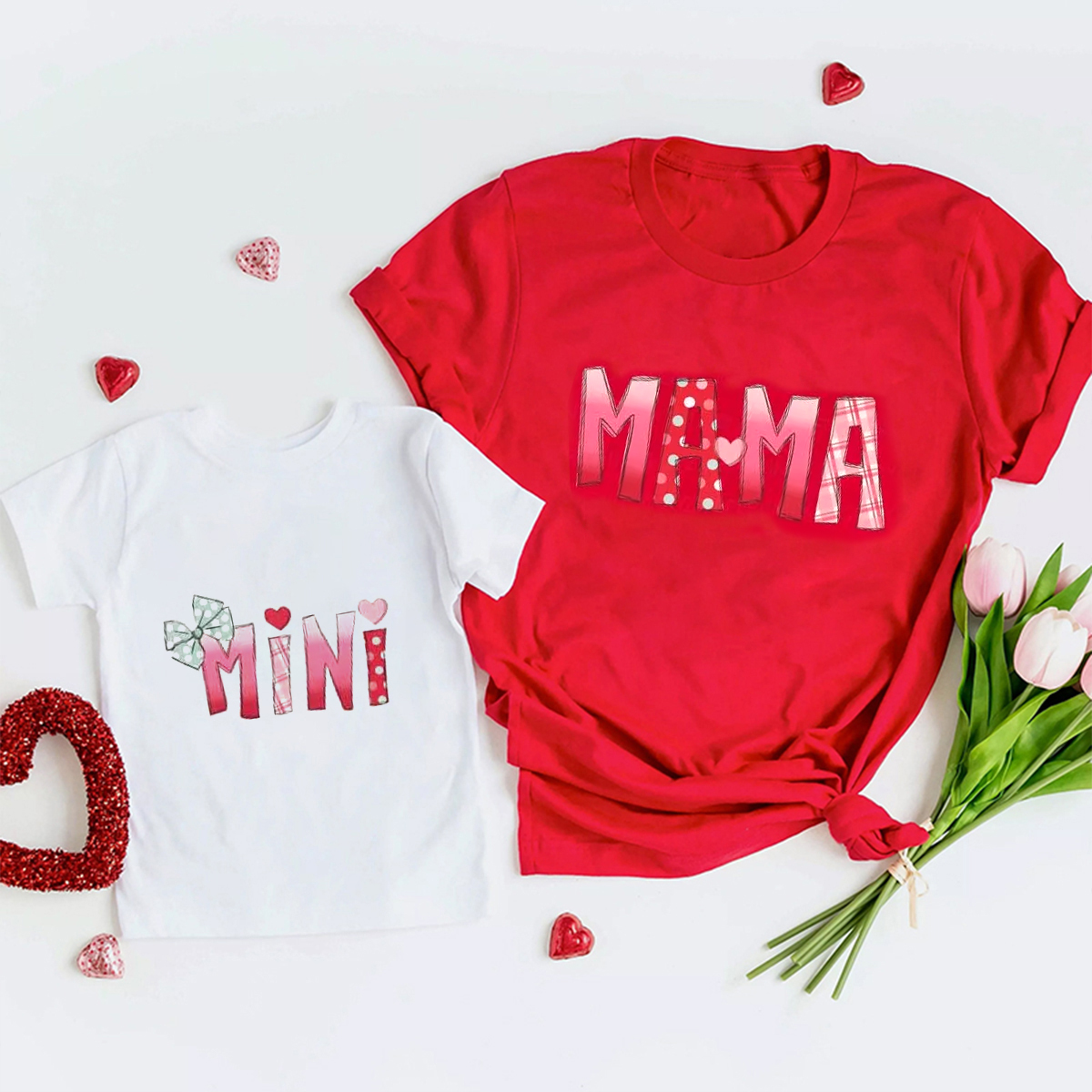 Mama Dad Mini Pink Red Mint Valentine's Family Matching Shirts