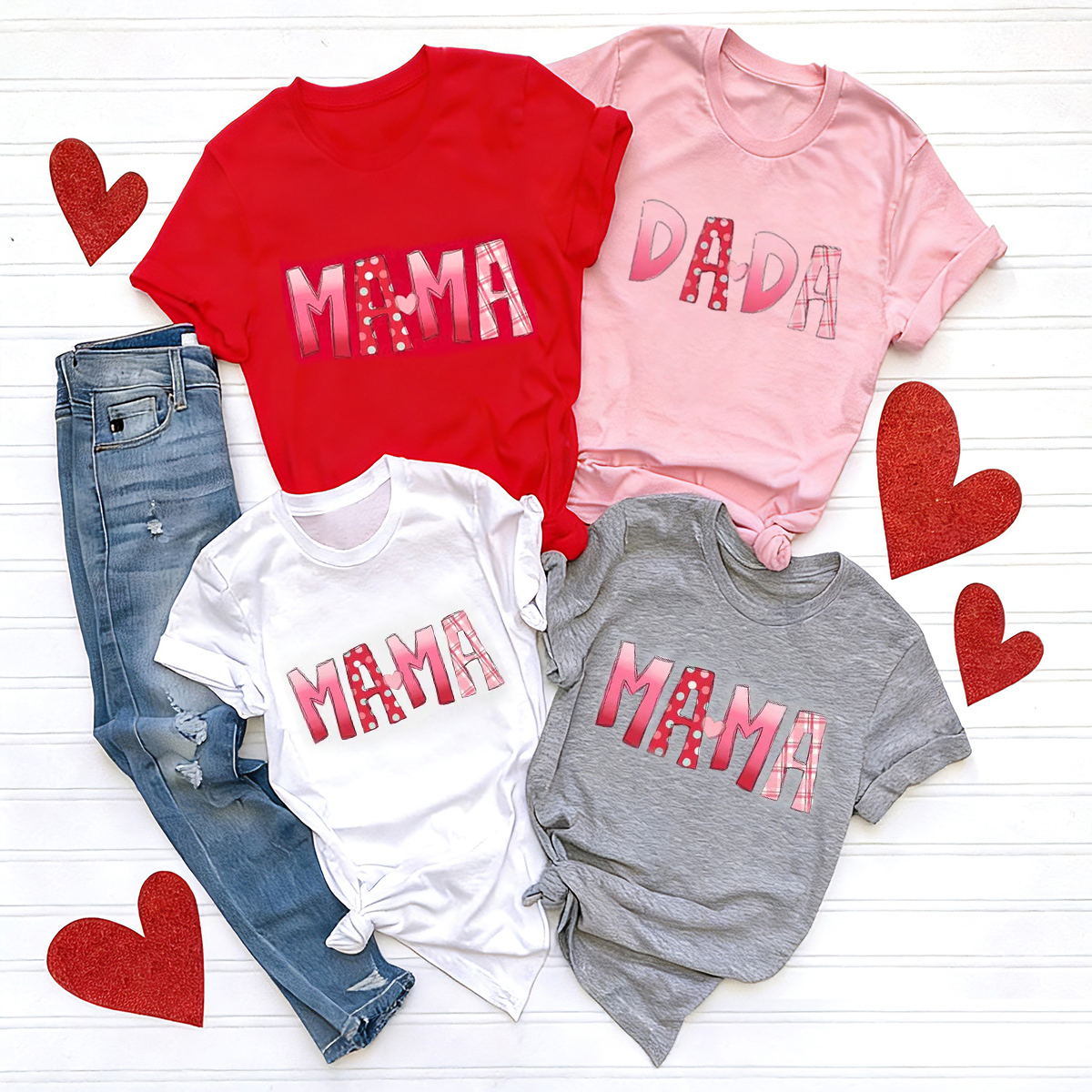 Mama Dad Mini Pink Red Mint Valentine's Family Matching Shirts