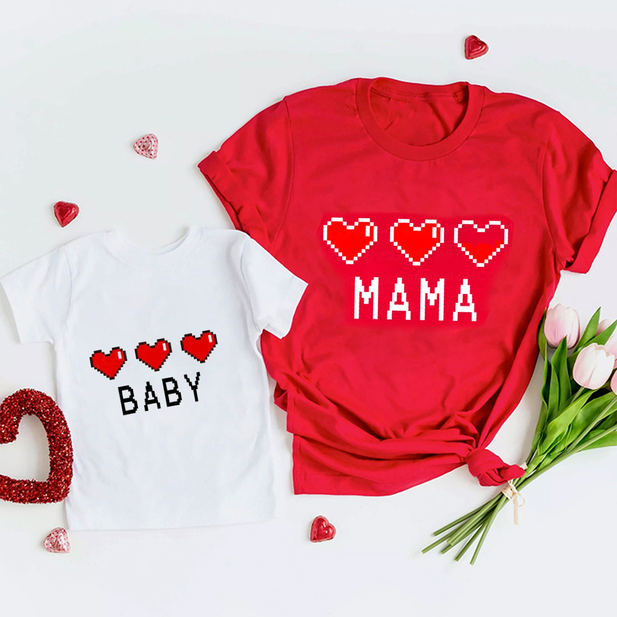 Personalized Pixel Heart Gift Valentine's Shirts For Family