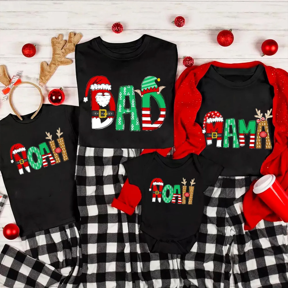 Personalized Cartoon Font Santa Family Matching T-Shirts