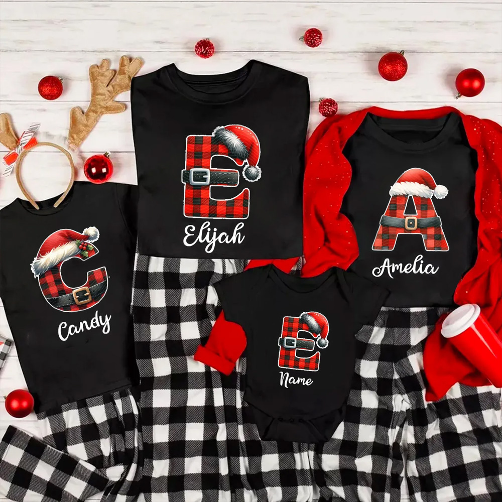 Personalized Reindeer Santa Claus Christmas Plaid Letters T-Shirts