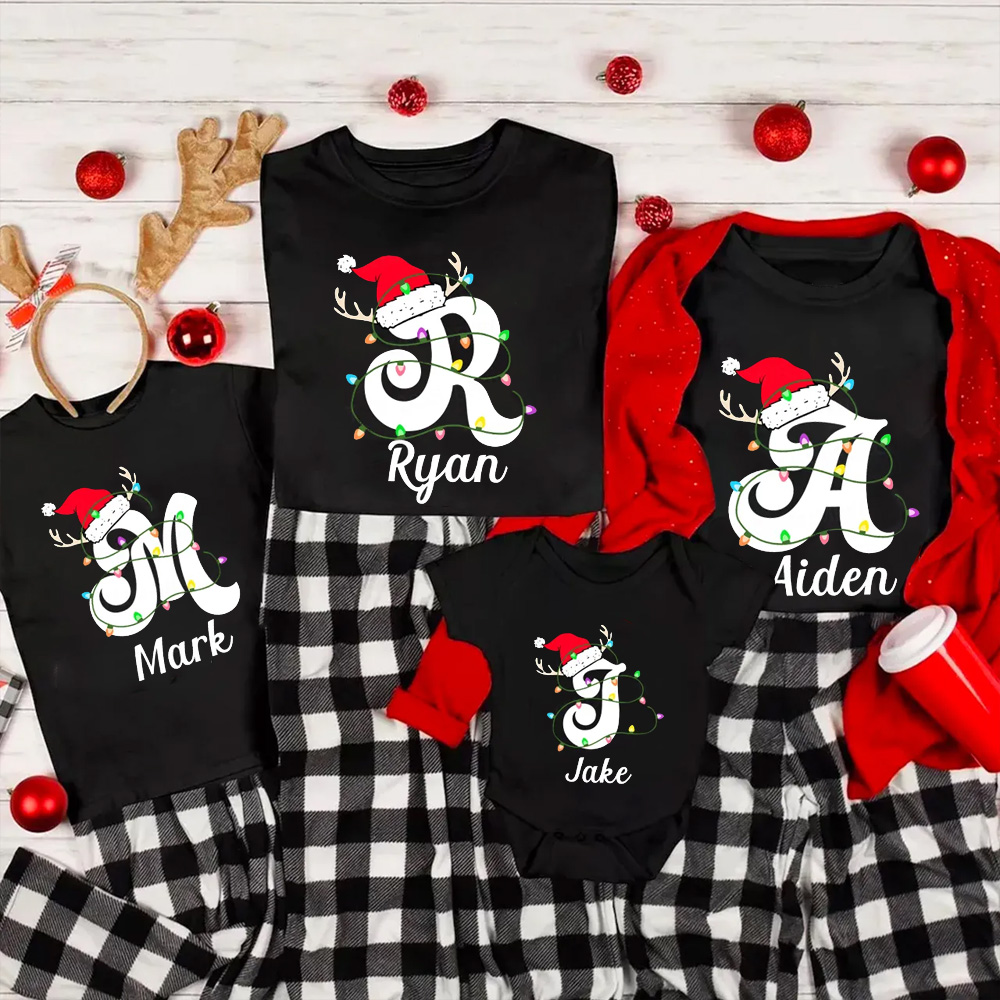Personalized Christmas With Name Letter Family Matching T-Shirts