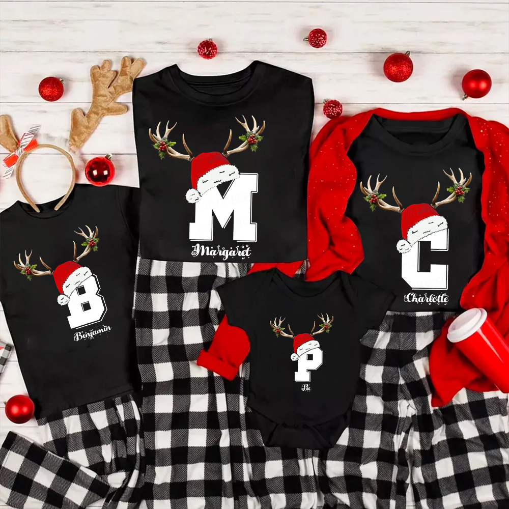 Personalized Deer Antler Name Monogram Christmas Family Matching T-Shirts