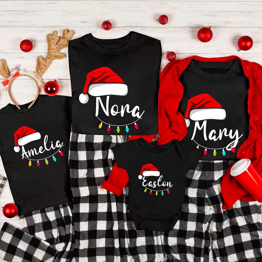 Personalized Santa Hat & Holiday Lights Family Matching T-Shirts