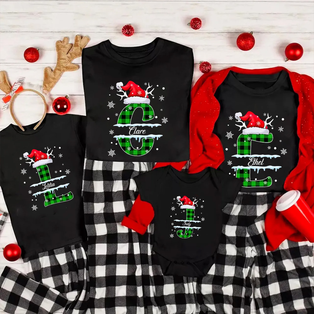 Personalized Christmas Green Plaid Snowflakes Name Family Matching T-Shirts