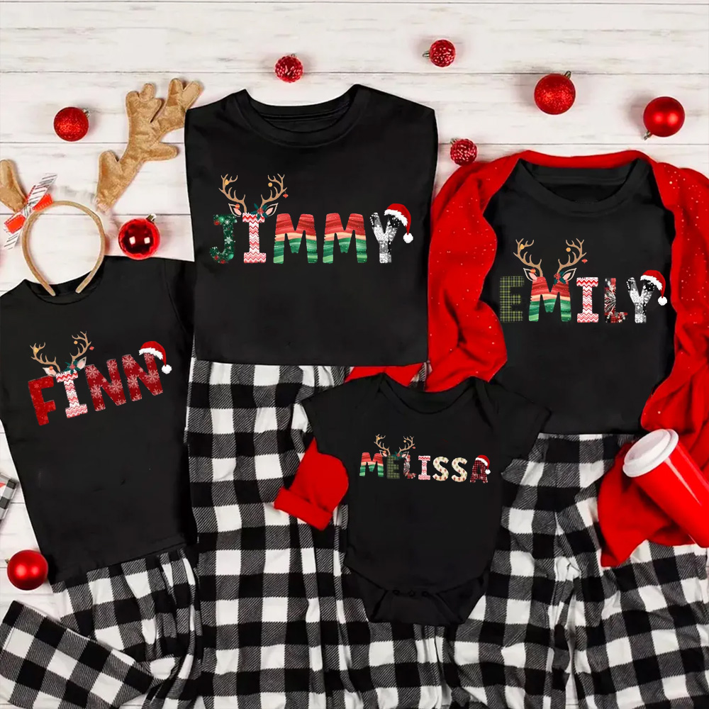 Personalized Doodle Alphabet Family Christmas Family Matching T-Shirts