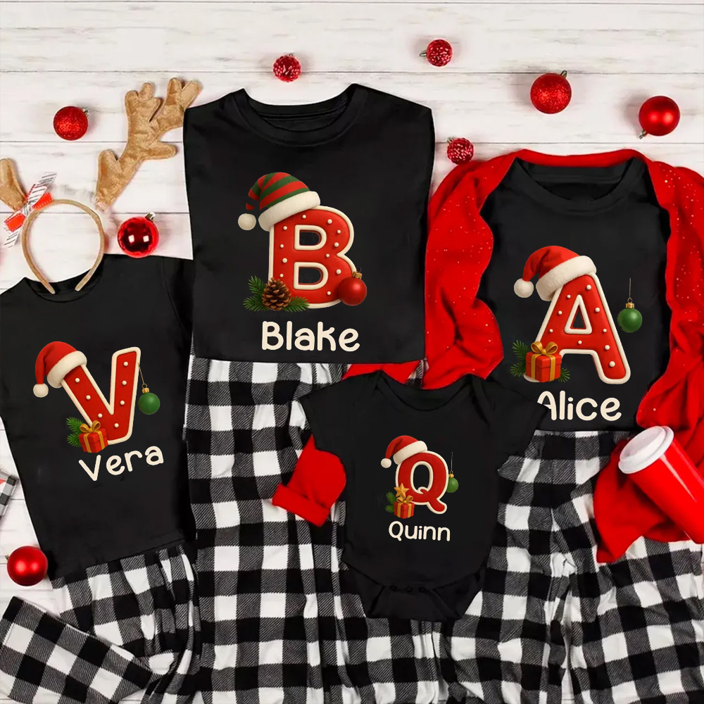 Personalized Santa Hat & Gift Alphabet Christmas Family Matching T-Shirts