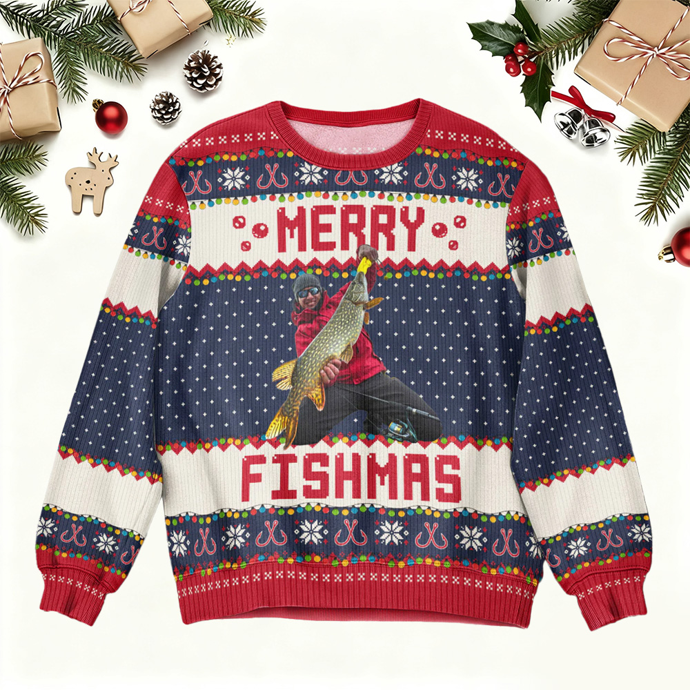 Merry Fishmas Gift For Fishing Lovers - Personalized Photo Ugly Sweater