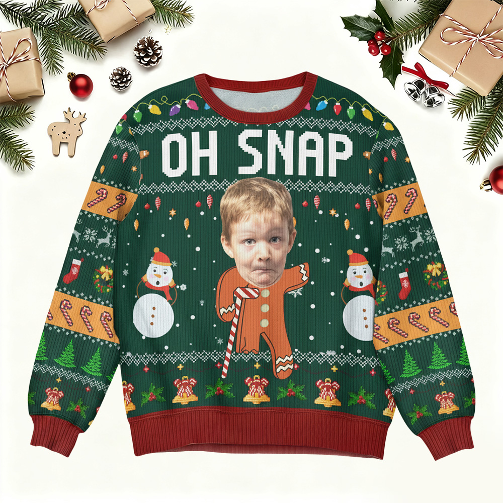 Oh Snap Gingerbread Face Photo - Personalized Photo Ugly Sweater