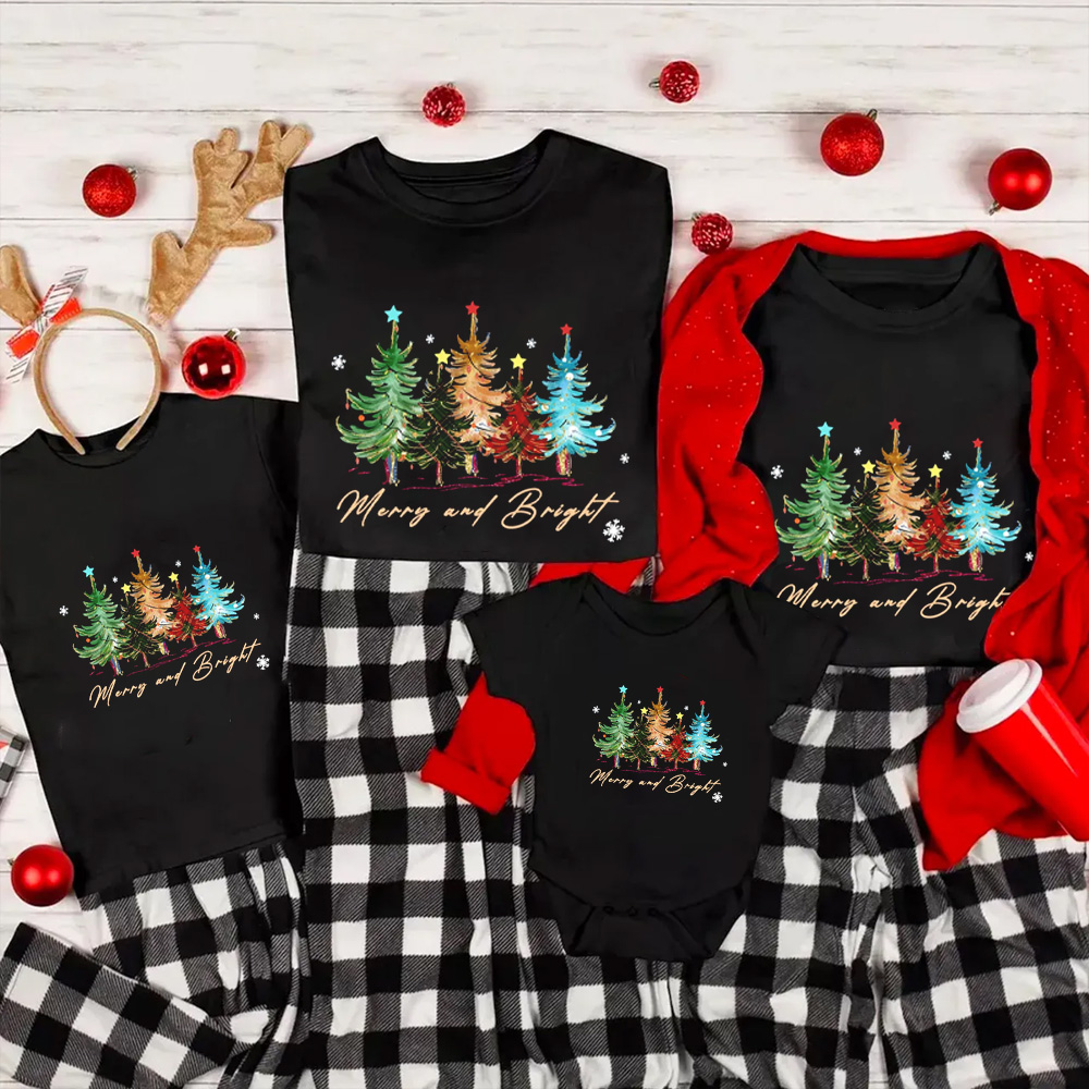 Merry and Bright Trees Christmas Family Matching Tees