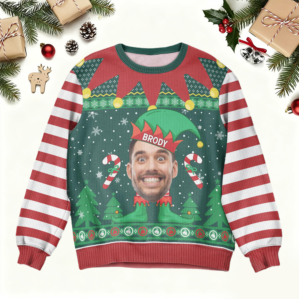 Elf Christmas Funny Face Family Name - Personalized Photo Ugly Sweater