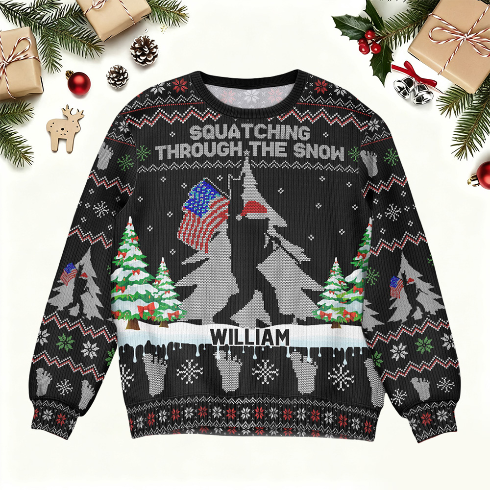 Squatching Through The Snow American Bigfoot - Personalized Ugly Sweater