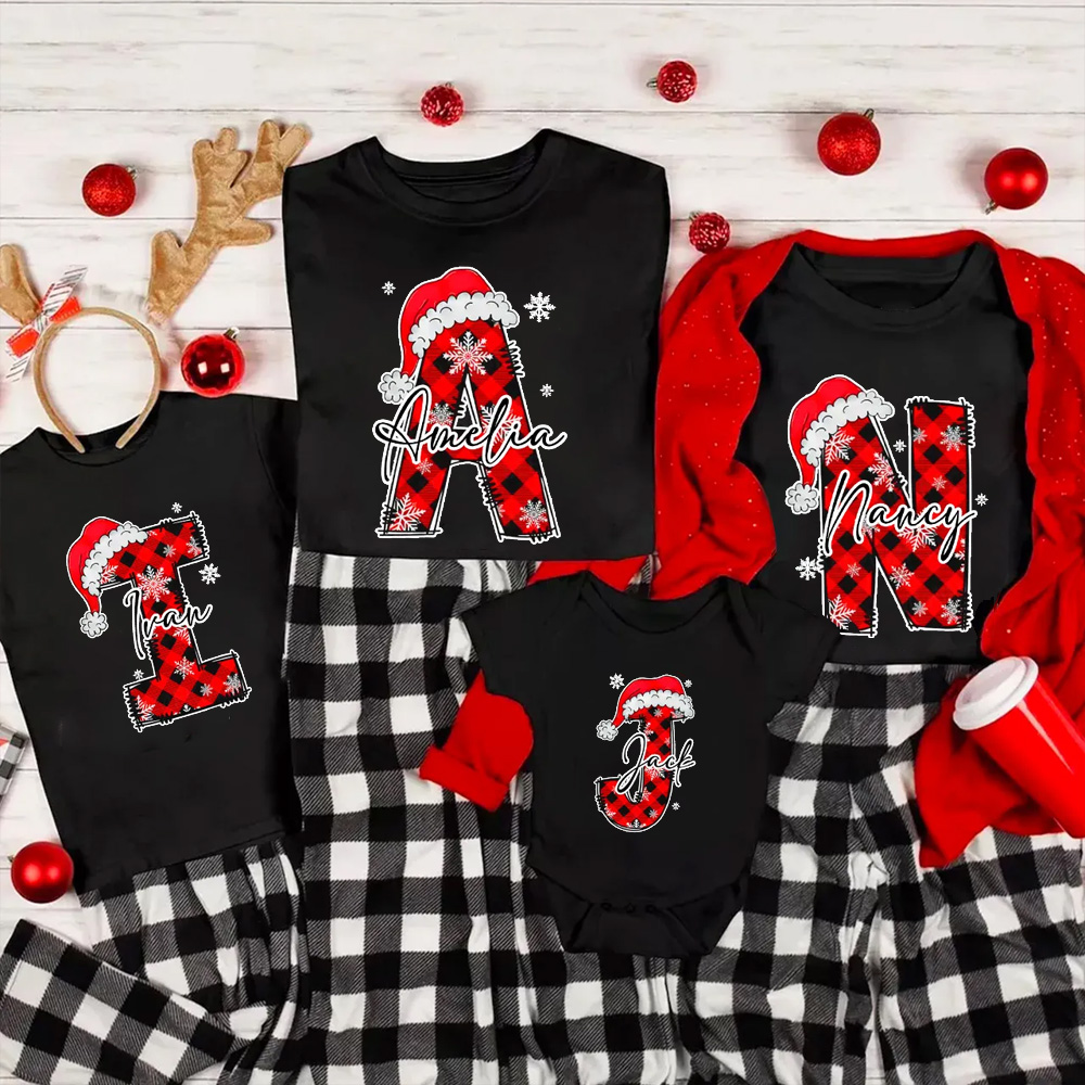Personalized Santa Style Alphabet Christmas Family Matching T-Shirts