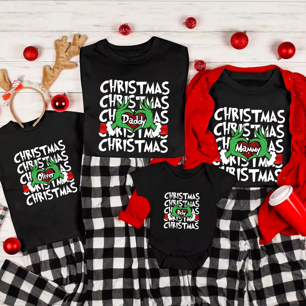 Personalized Retro Green Monster Hand Family Matching T-Shirts