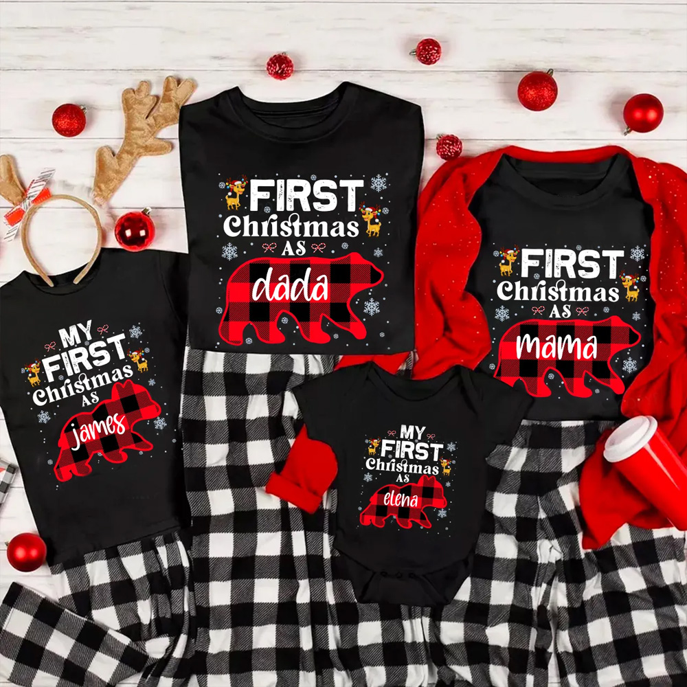 Personalized First Christmas Bear Buffalo Plaid Family Matching T-Shirts