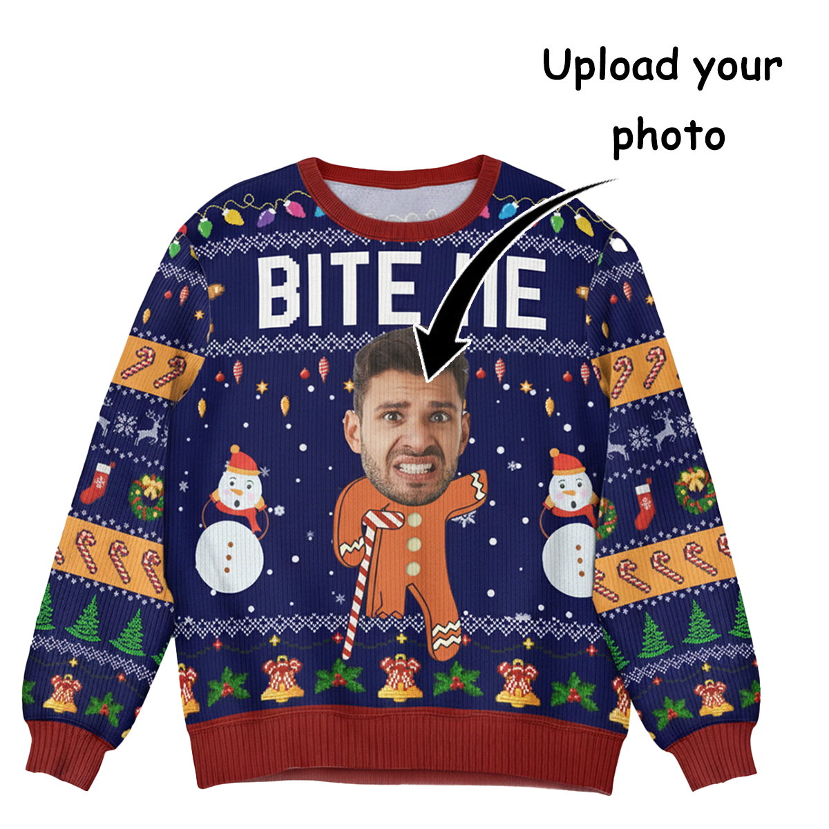 Oh Snap Gingerbread Face Photo - Personalized Photo Ugly Sweater