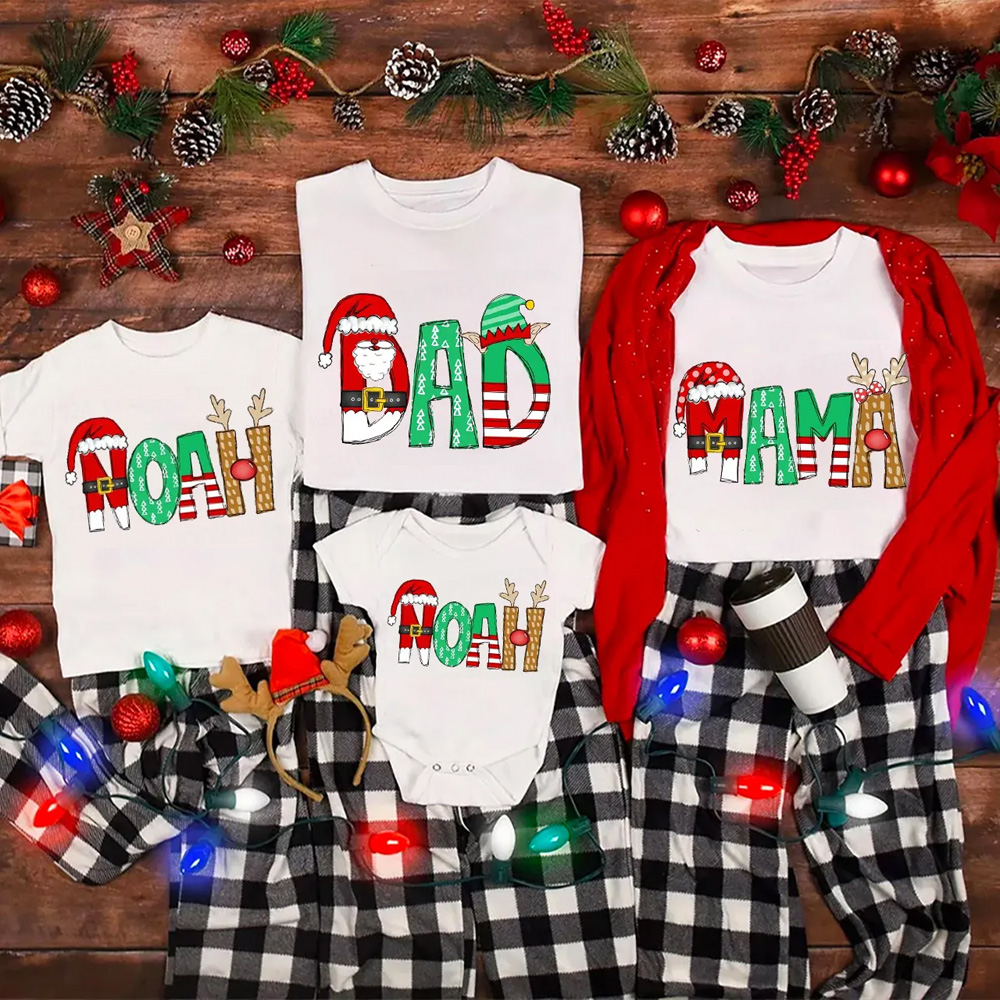 Personalized Cartoon Font Santa Family Matching T-Shirts