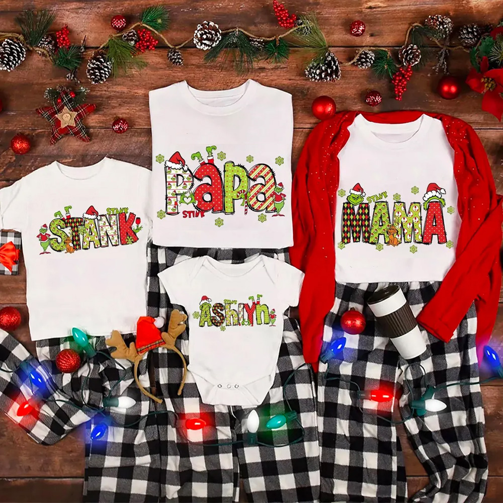Personalized Christmas Doodle Letters Family Matching T-Shirts