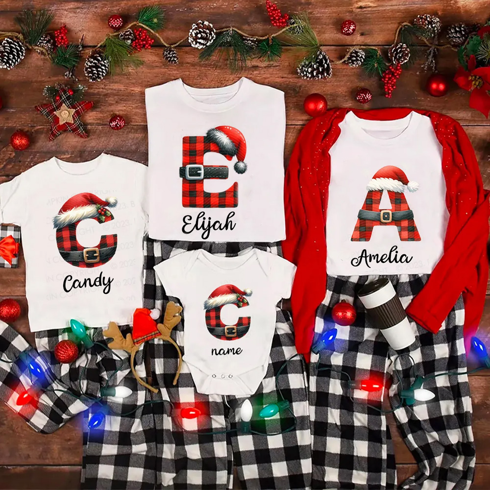 Personalized Reindeer Santa Claus Christmas Plaid Letters T-Shirts