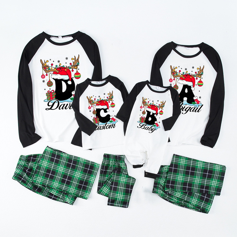 Personalized Antlered Alphabet Joy Christmas Family Matching Pajamas