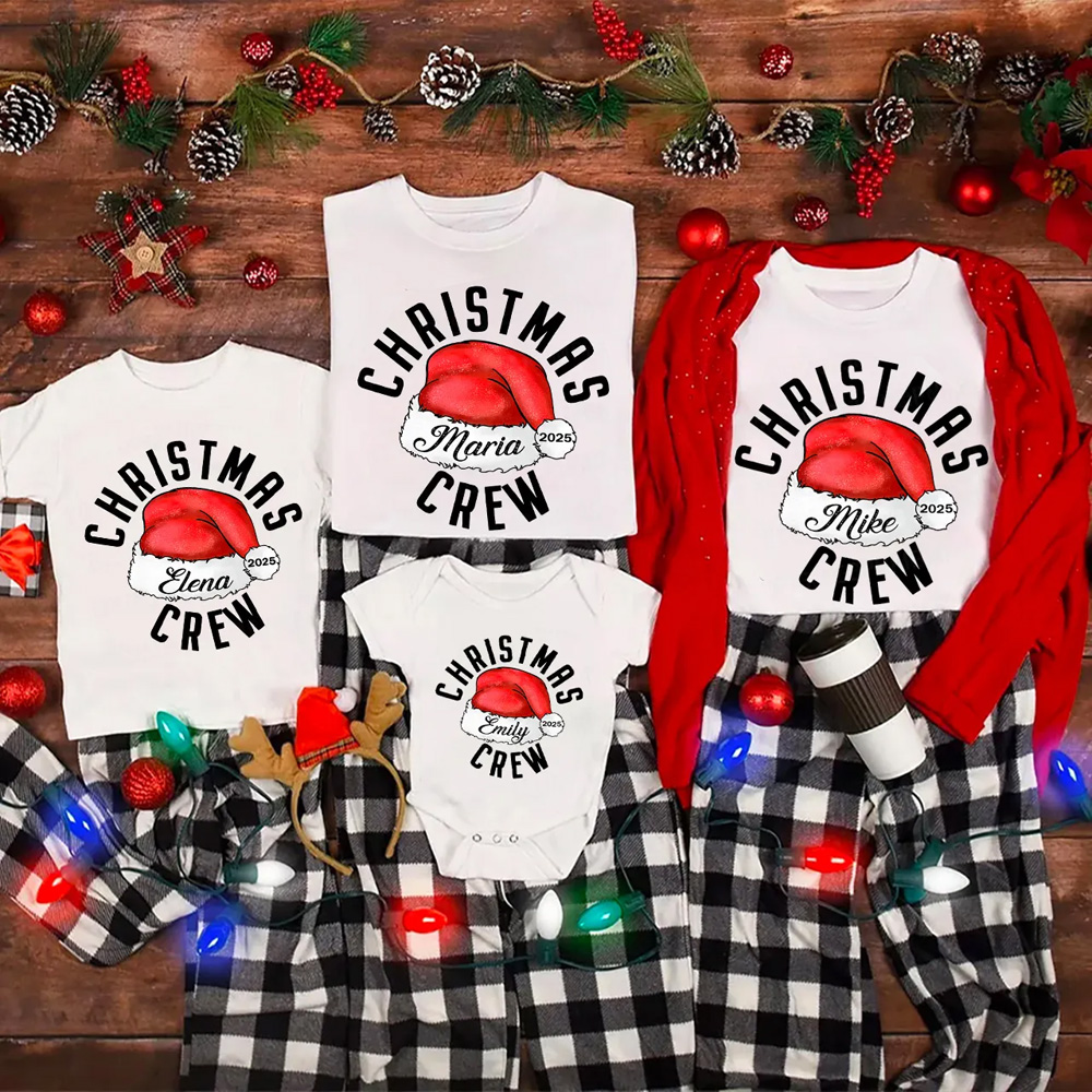 2025 Christmas Crew Santa Hat Family Matching T-Shirts