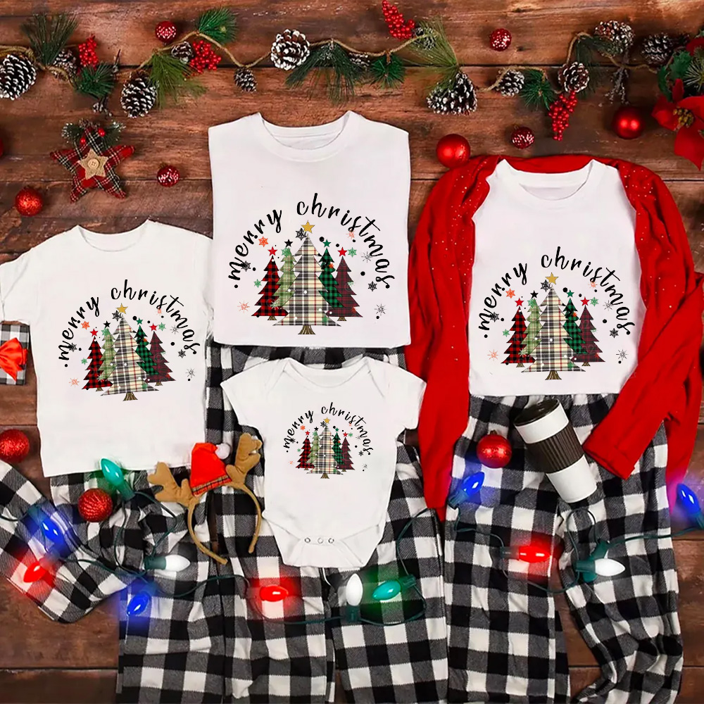 Merry Merry Christmas Plaid Tree Family Matching Tees