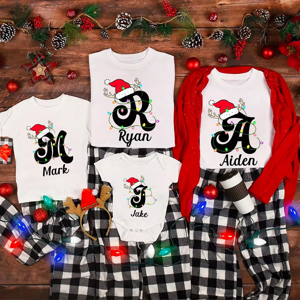 Personalized Christmas With Name Letter Family Matching T-Shirts