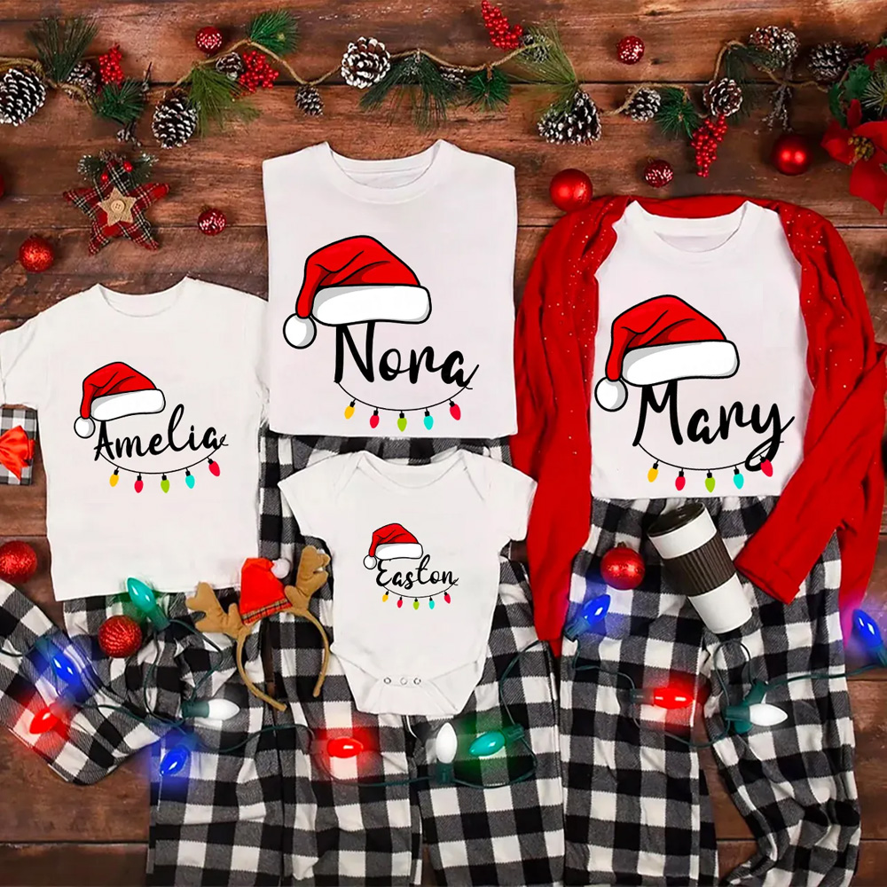 Personalized Santa Hat & Holiday Lights Family Matching T-Shirts