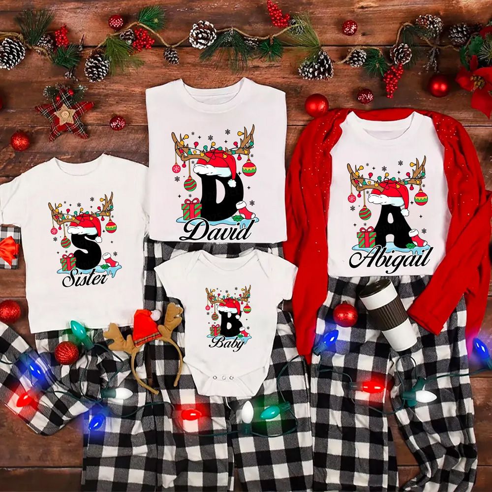 Personalized Antlered Alphabet Joy Christmas Family Matching T-Shirts