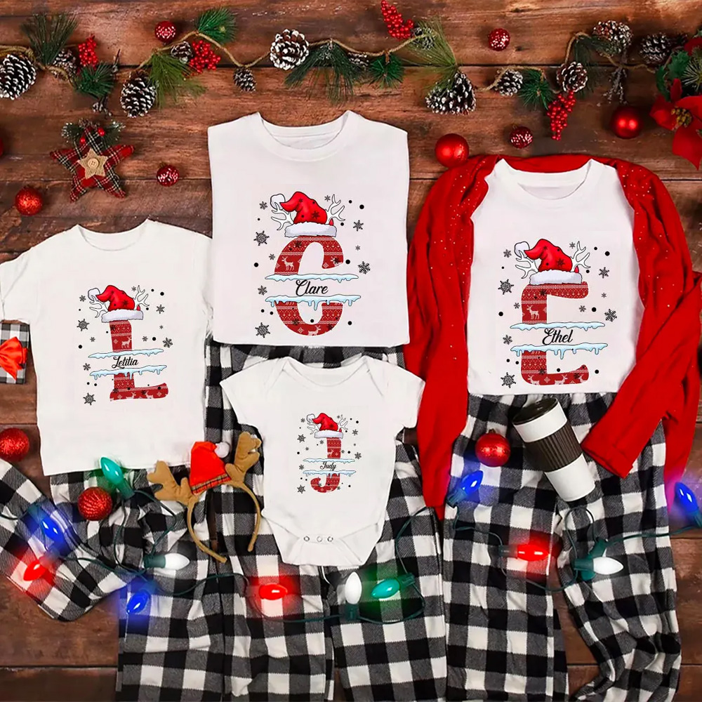Personalized Christmas Red Elk Snowflakes Name Family Matching T-Shirts