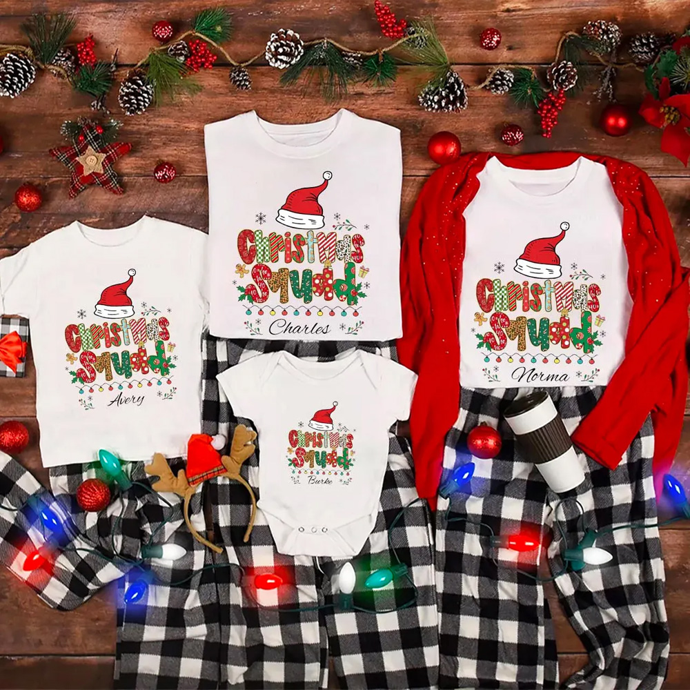 Personalized Christmas Green & White Plaid Snowflakes Name Family Matching T-Shirts