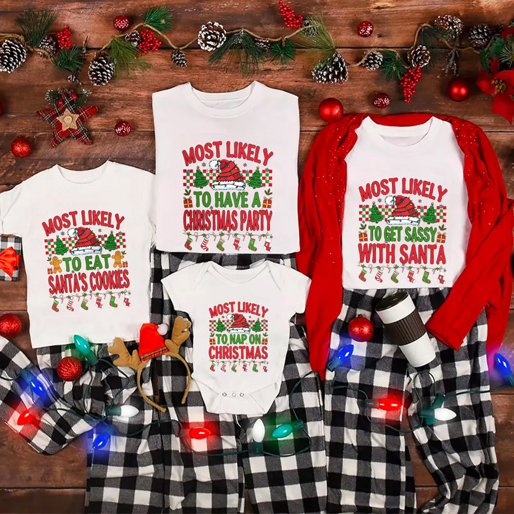 Personalized Most Likely To 7 Quotes Christmas Family Matching T-Shirts