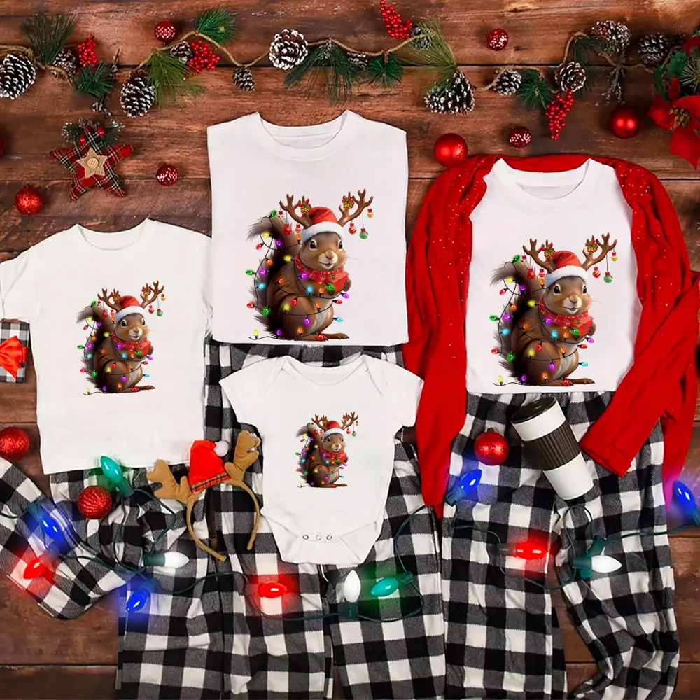 Squirrel Christmas Lights Family Matching T-Shirts
