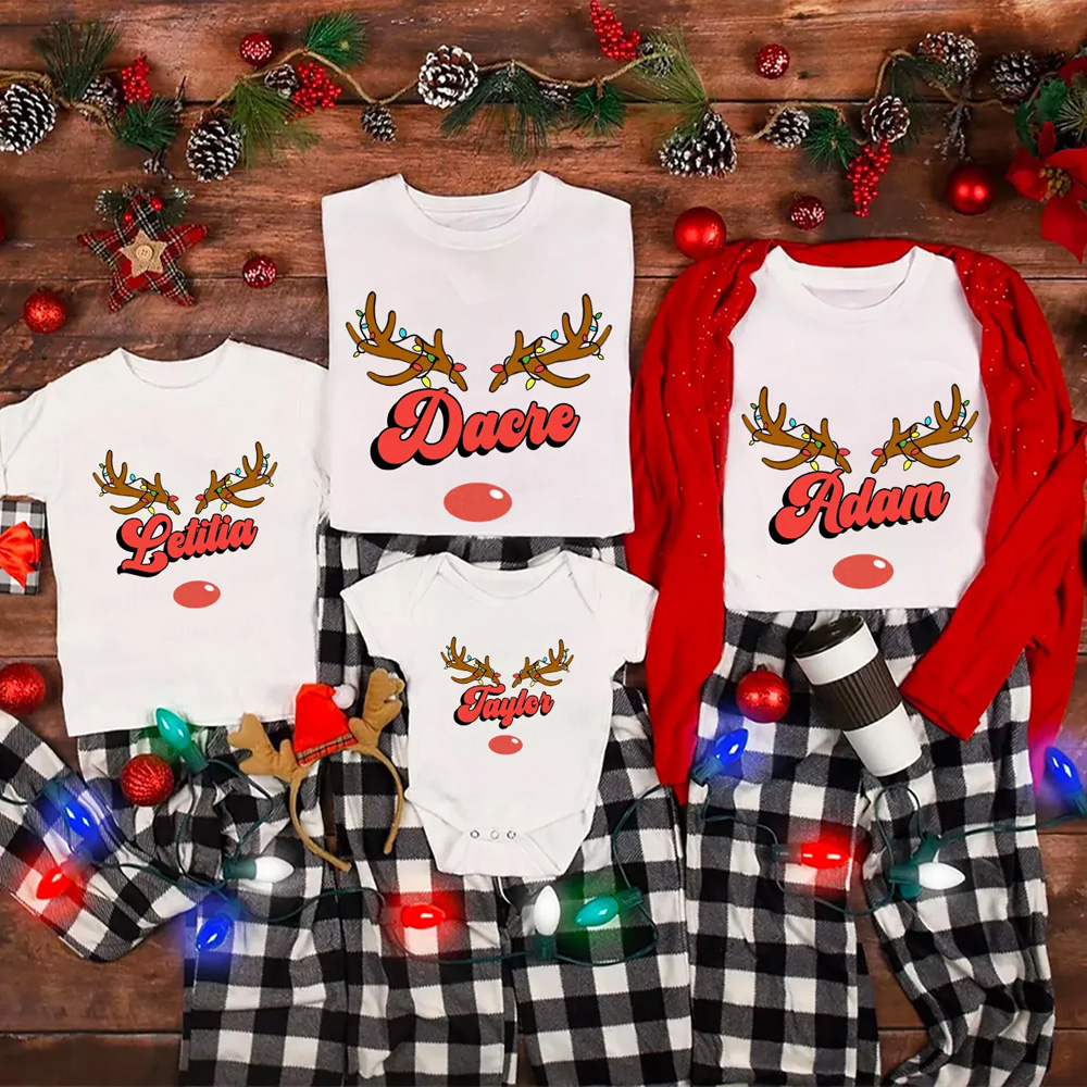 Personalized Antlers Name Christmas Family Matching T-Shirts