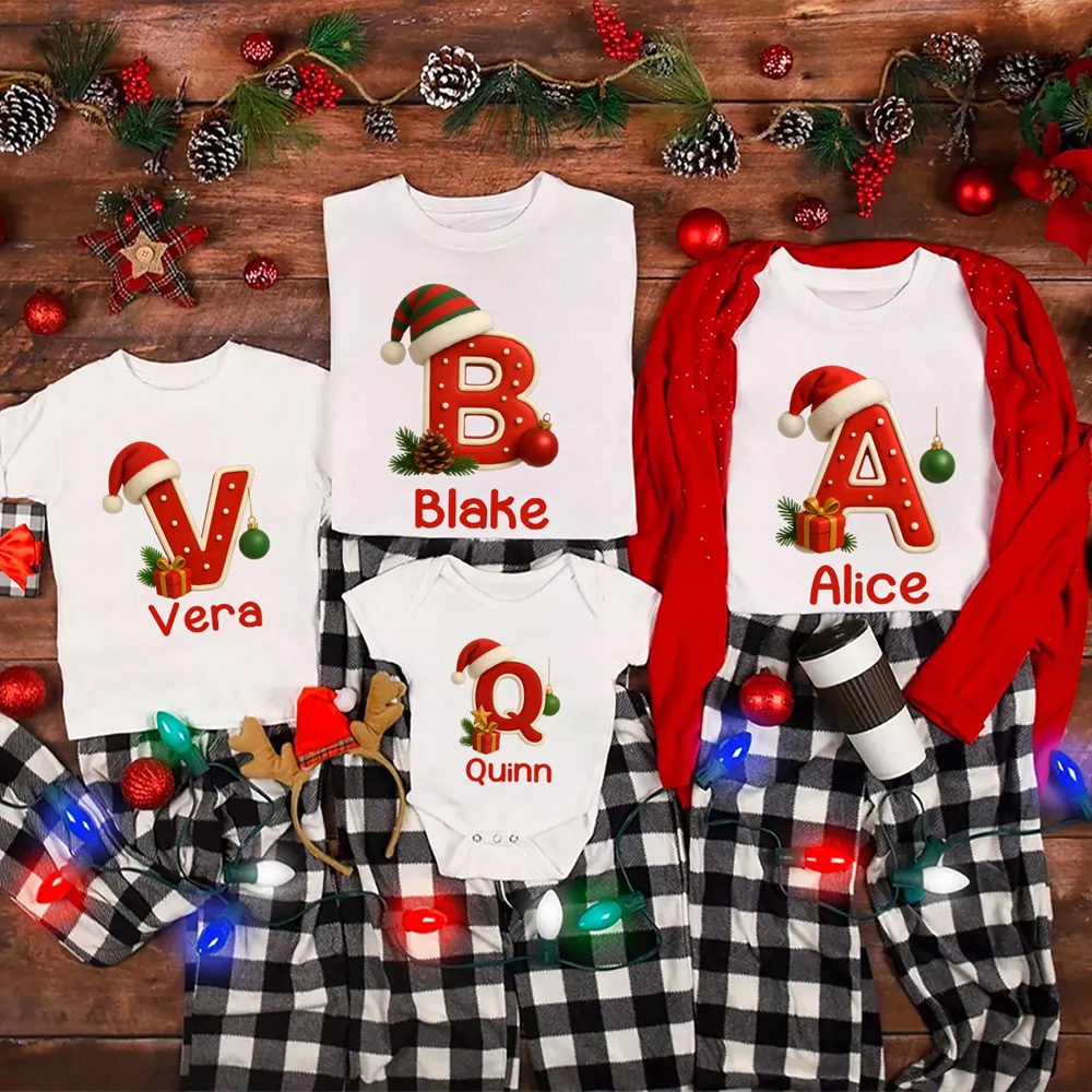 Personalized Santa Hat & Gift Alphabet Christmas Family Matching T-Shirts