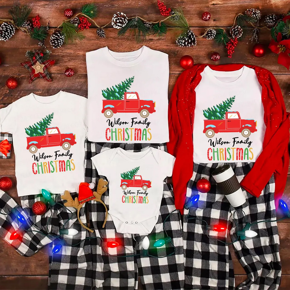 Personalized Red Truck And Christmas Tree Matching T-Shirts