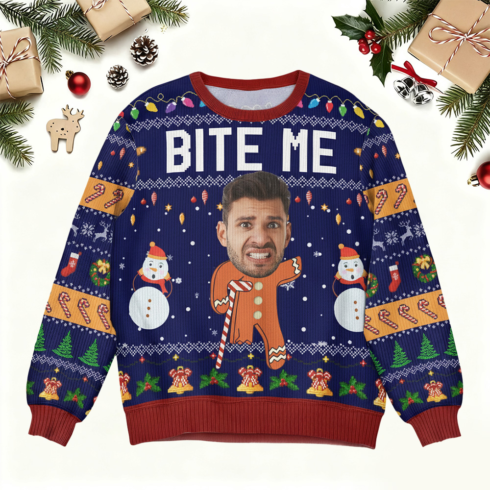 Oh Snap Gingerbread Face Photo - Personalized Photo Ugly Sweater